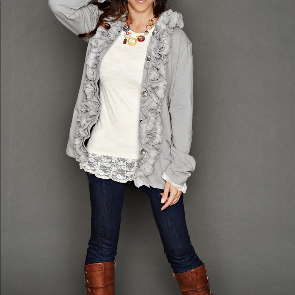 Persnickety lace and ruffle knit hoodie jacket